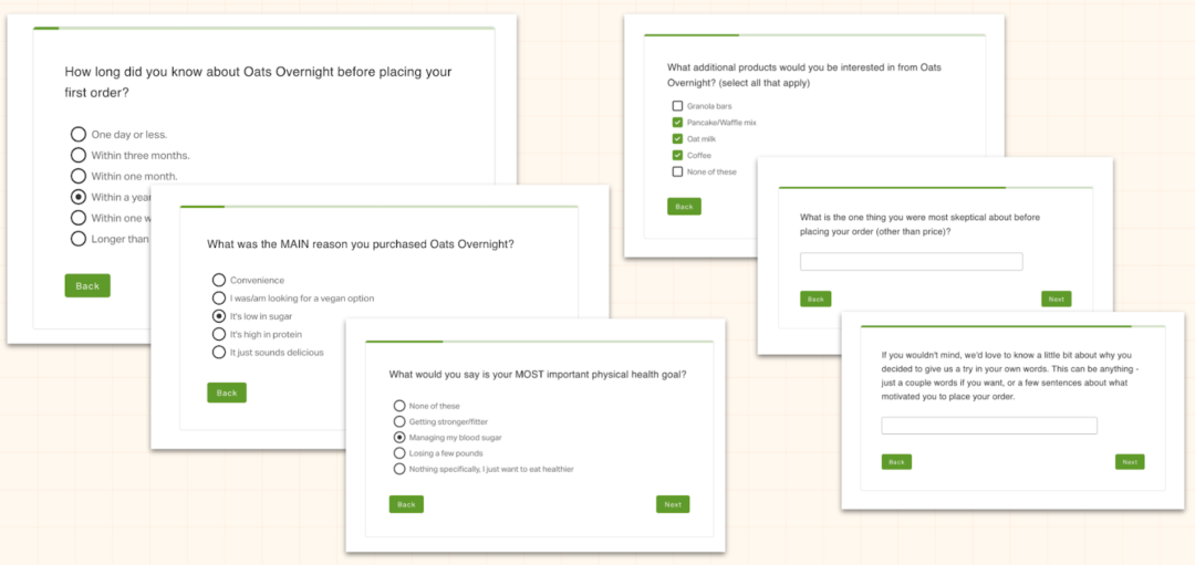 Screenshots of sample survey questions that Overnight Oats asks its customers. Some are close-ended questions like multiple choice or checkboxes and some are open-ended questions with text boxes. 