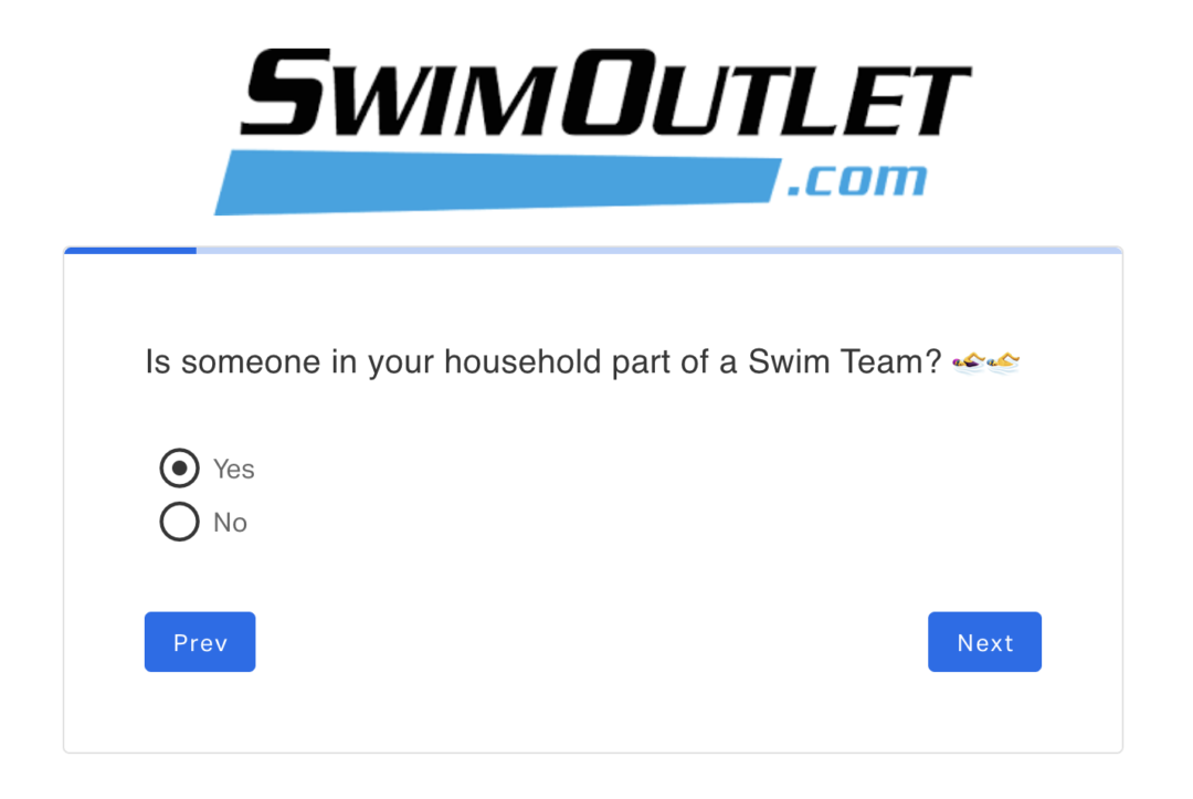 Image of SwimOutlet's post-purchase survey asking customers "Is someone in your household is part of a Swim Team?"