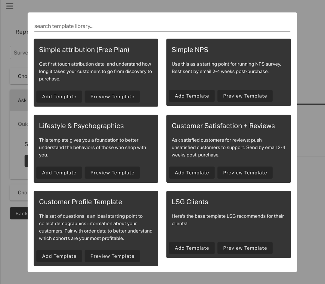 Image of Kno's survey template library to use to gain insights and help boost completion and response rates