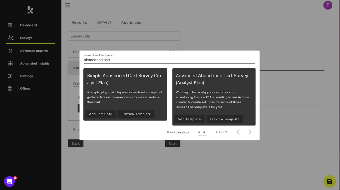 Abandoned cart survey KnoCommerce templates