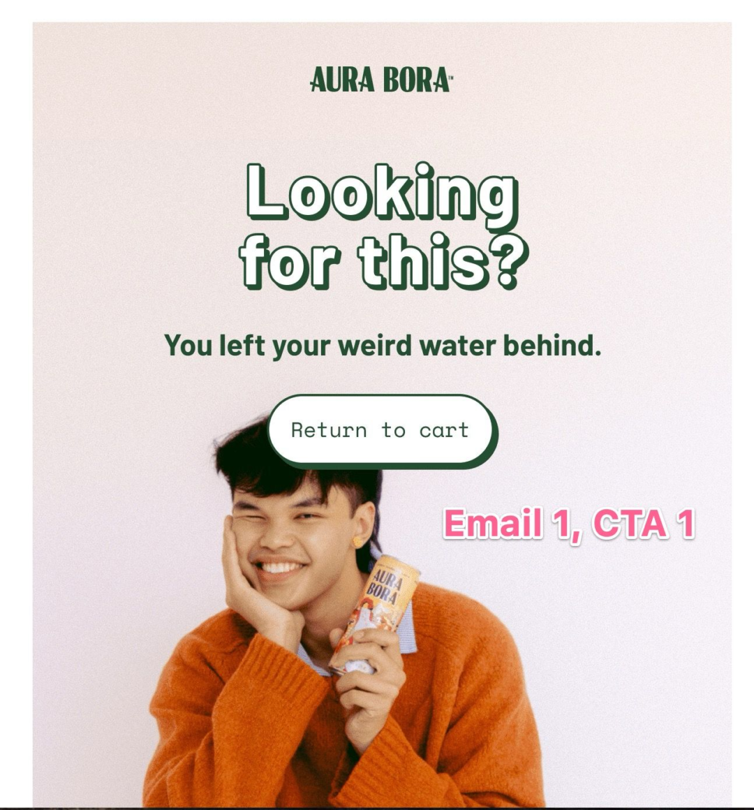 Aura Bora abandoned cart email example with CTA "Return to cart"