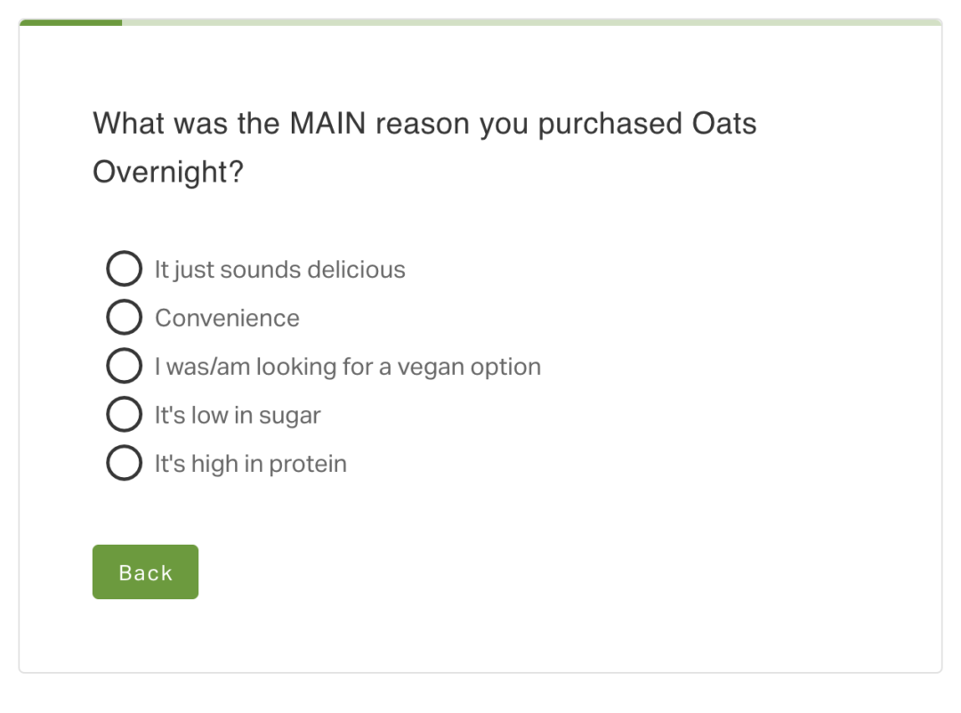 KnoCommerce post-purchase survey from Oats Overnight to find out the "why" behind customer purchases.