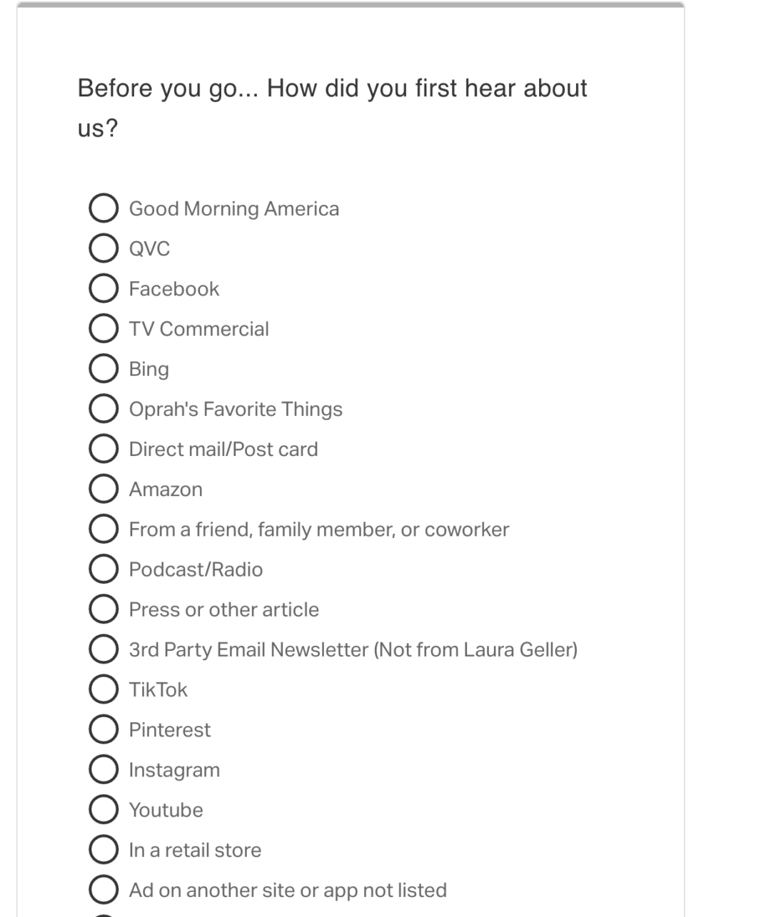 KnoCommerce post-purchase survey question "before you go...how did you first hear about us? for attribution.