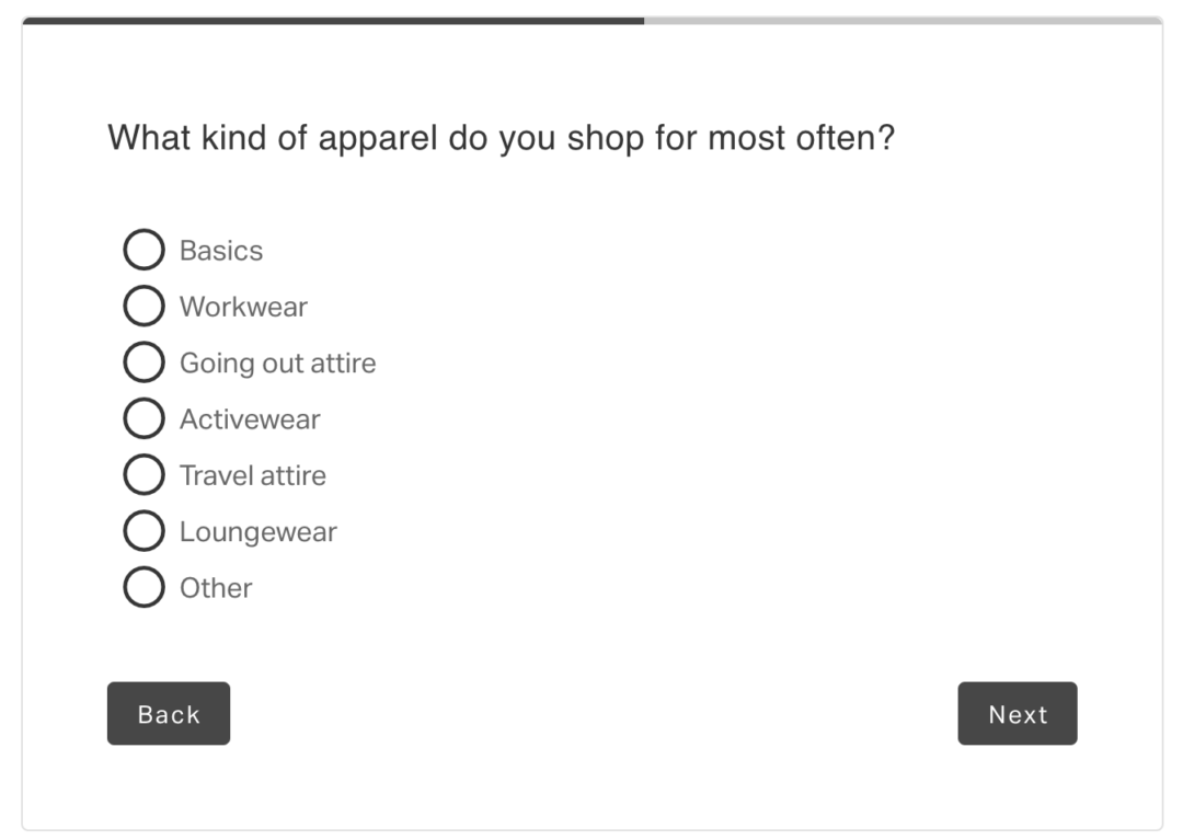 Bylt Basics KnoCommerce post-purchase survey question "what kind of apparel do you shop for most often" on their women's survey