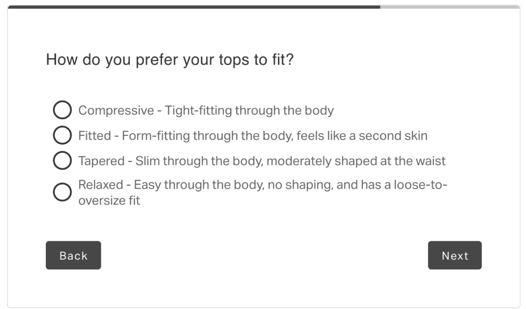 Bylt basics knocommerce survey asking "how do you prefer your tops to fit?" for their women's line survey