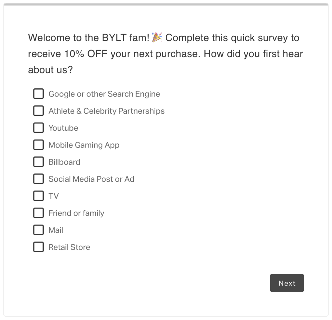 Bylt Basics KnoCommerce post-purchase survey with the question "How did you first hear about us?"