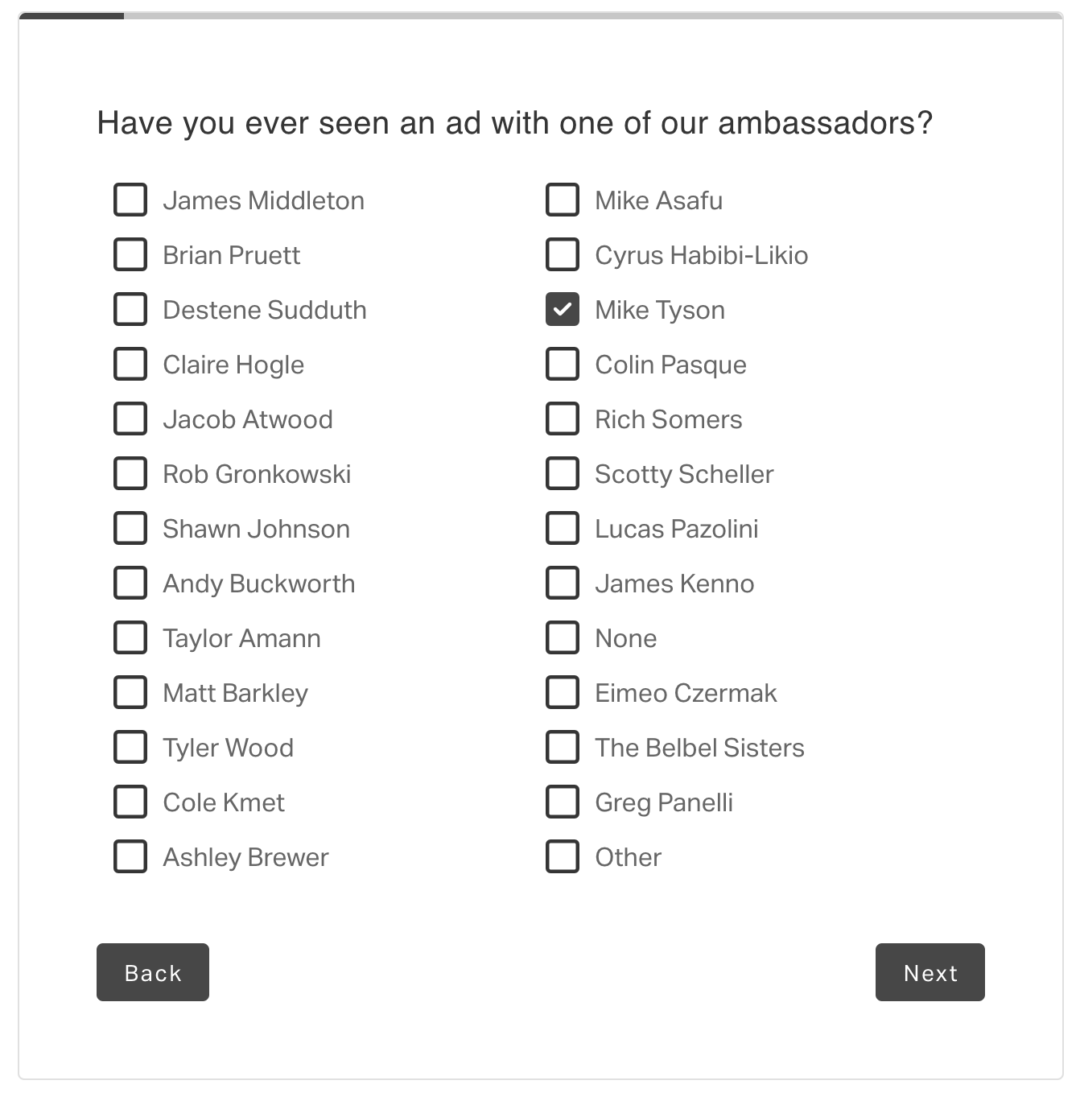 Bylt Basics knocommerce post-purchase survey for their ambassador Mike Tyson campaign 